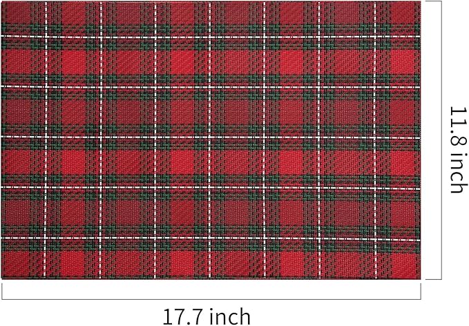 AHHFSMEI Christmas Placemats Set of 6 for Dining Table Washable Woven Vinyl Non-Slip Placemat Heat-Resistant Durable Table Mats for Dining Table Easy to Clean (Red Grid)