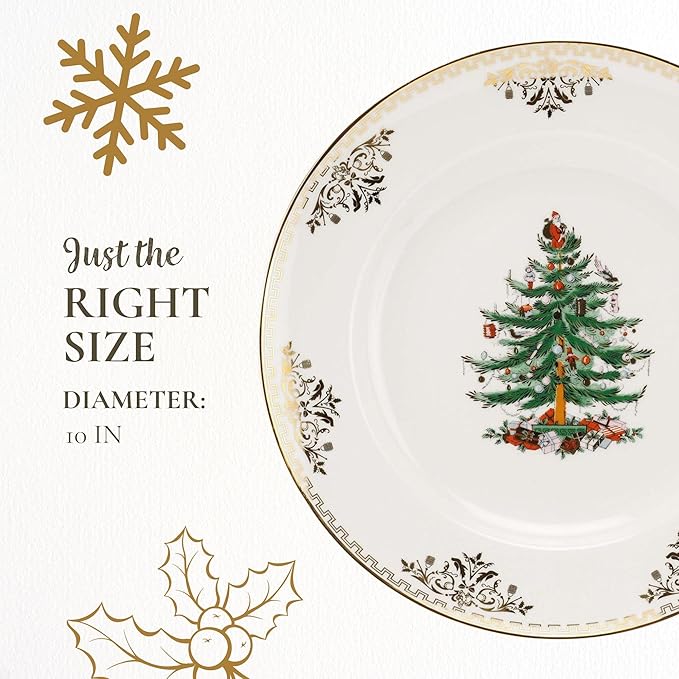 Spode Christmas Tree Gold Dinner Plate (Set of 4) – 10 Inch Porcelain Dinner & Appetizer Dish, Holiday-Themed Serving Plate, Microwave & Dishwasher Safe, Festive Collectible Seasonal Dining