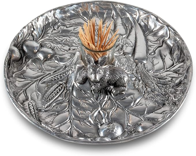 Arthur Court Aluminum Metal Rabbit Bunny Pattern Tidbit Cheese Hors d'oeuvres Tray with Glass for Toothpick - Durable Metal Silver Easter Entertaining 10.5 inch Diameter x 2.5 inch Tall