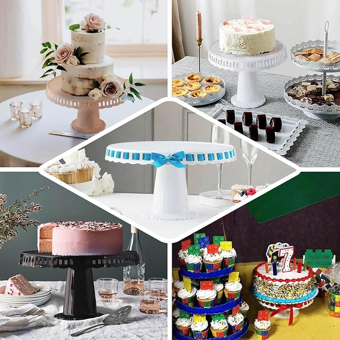 Efavormart 4 Pack | 13" Black Round Pedestal Footed Reusable Plastic Cupcake Stands with Interchangeable Ribbon Trim Edge