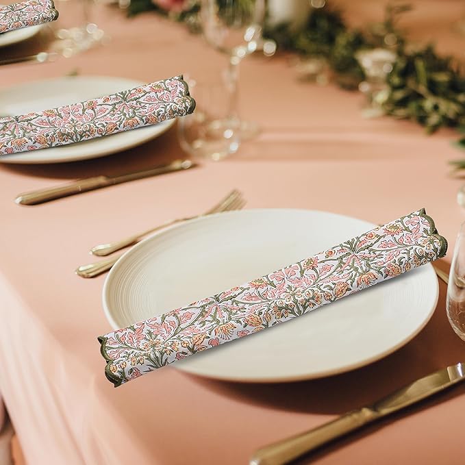 Ridhi Hand Block Print Sassy Salmon Pink 18" x 18" (Set of 4) Embriodery Table Napkins Reusable Cotton Dinner Napkins for Weddings, Parties, Everyday Dining Gift for Spring, Easter, Valentine