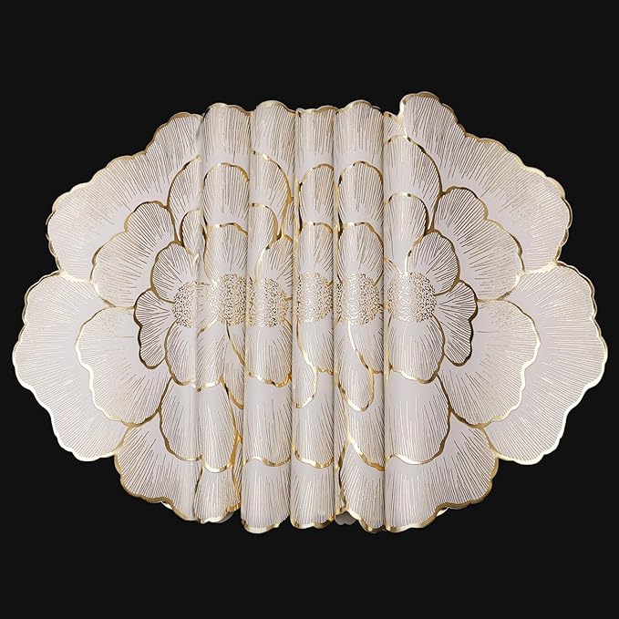 FAVE 12PCS Floral Round Placemats Gold Placemat Vinyl Placemats Set of 12 for Wedding, Banquet, Birthday, Party, Restaurant Table Mats Reusable Metallic Shiny Gold Placemat(Golden Peony, 12PCS)