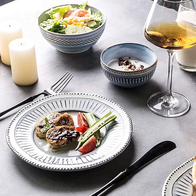 Dinner Set,Ceramics Dinner Sets, 16 Pieces Relief Craft Porcelain Dinnerware Set Retro Blue and White Cereal Bowl Steak Plate and Soup Bowl for Special Restaurant