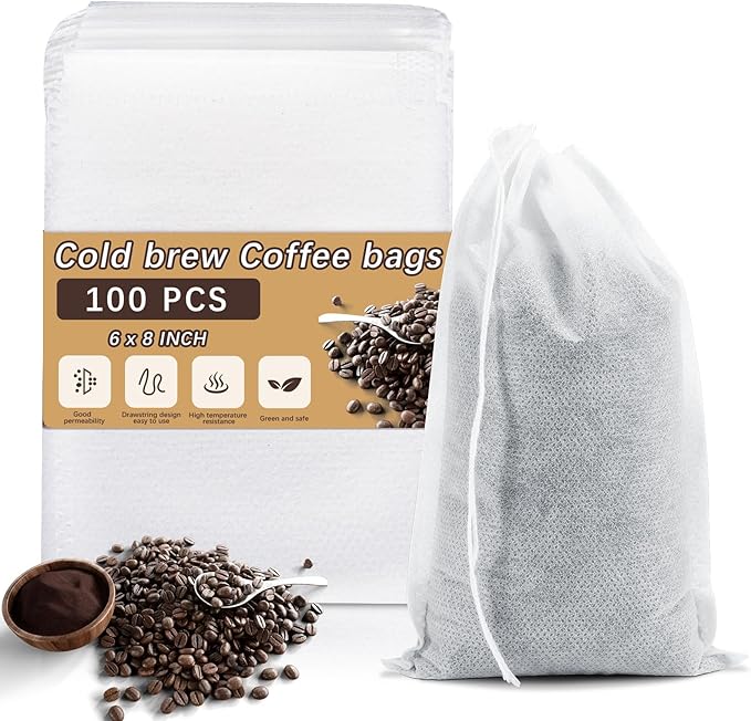 100 Pcs Cold Brew Bags 6x8 inch, No Mess Disposable Cold Brew Coffee Filter Pouches with Drawstring Large Empty Tea Bag for Loose Leaf Tea, Iced Coffee, Herbs, Spice, Home brewing, Hot pot