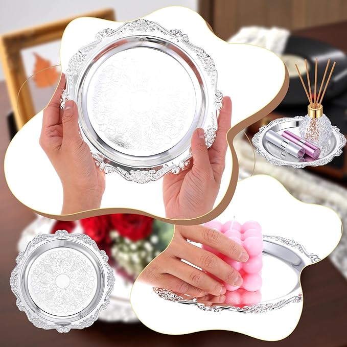 7.8" Silver Tray, Silver Serving Trays Vintage Floral Engraved Mirror Decorative Tray Jewelry Display Trays for Wedding Kitchen Party Centerpiece Display Perfume Organizer