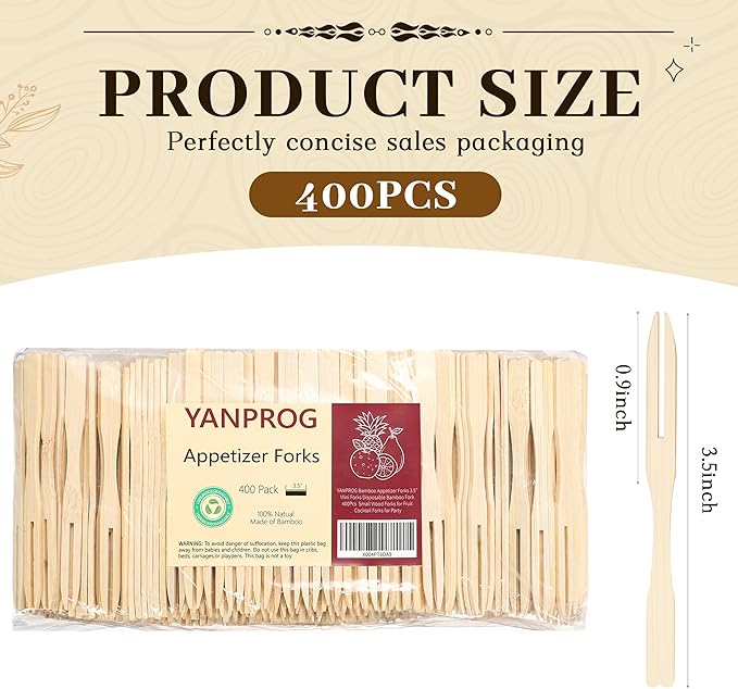 Bamboo Mini Forks Disposable Forks for Appetizers 3.5" Small Forks Appetizer Forks for Fruit,Cocktail Forks for Parties, Weddings(400Pcs)