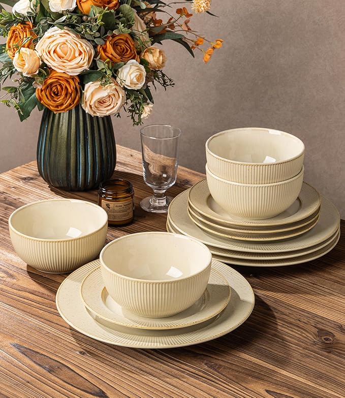 TheTerra Stoneware Dinnerware Sets for 6, 18 Pieces Ceramic Plates and Bowls Sets, Scratch Resistant Embossed Dish Set, Oven, Microwave & Dishwasher Safe, Cappuccino