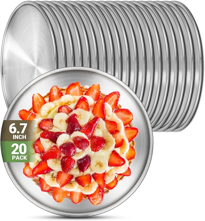 Stainless Steel Plates, 20 Set 6.7 inch 304(18/8) Metal Food Serving Plate, Reusable Snack Eating Dishes Round Shatterproof Silver Dinnerware for BBQ Dinner Oven Dishwasher Safe