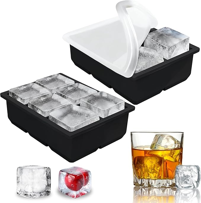 2 Pack Large Square Ice Cube Mold, Silicone Big Ice Cube Trays with Lids, BPA-Free Easy Release Stackable Ice Cube Trays for Freezer, Old Fashioned Ice Cube Maker Molds for Whiskey/Cocktails/Drinks