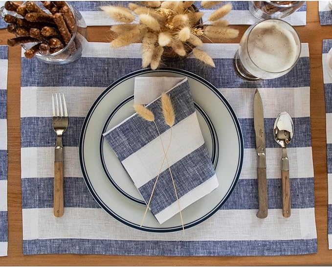 Solino Home Linen Cloth Placemats Set of 4 - Cabana Stripe 100% Pure Linen Navy and White Farmhouse Placemats 14 x 19 Inch for Christmas, Winter, New Year