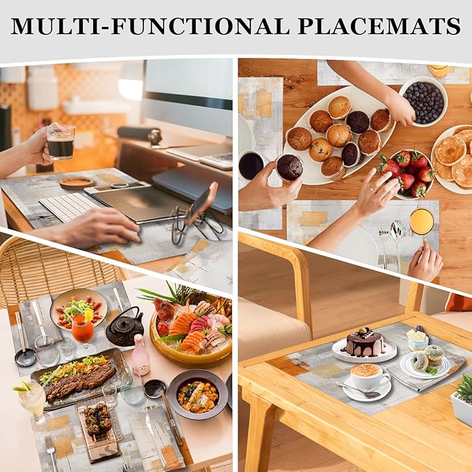 Mcalk 4 Each Orange Placemats and Cloth Napkins Set of 8, Modern Art Placemat, Abstract Grey Cloth Napkin for Home Kitchen Decor (Placemats 18 "x12 Napkins 18 "x18)