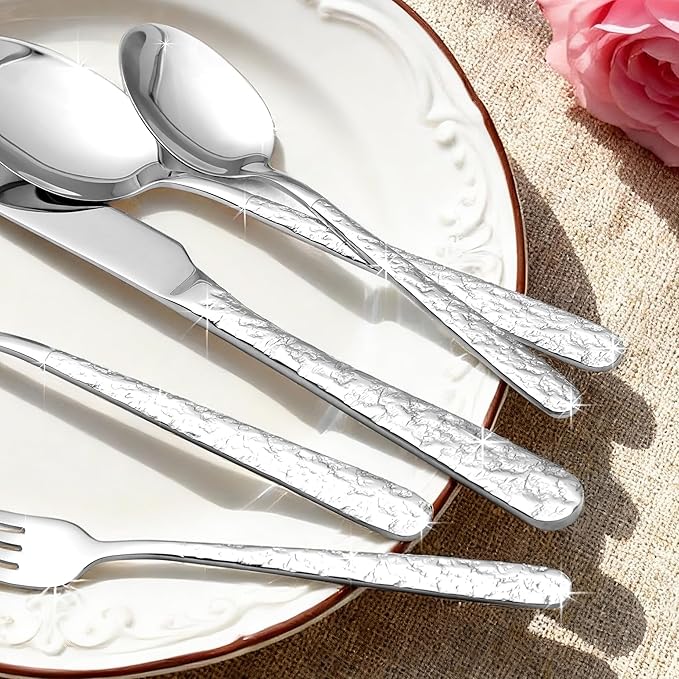 20-Piece Hammered Silverware Set for 4, Stainless Steel Cutlery with Unique Lava Texture, Nickel Free Spoons & Forks Set, Dishwasher Safe Flatware, Elegant Design for New Home Gifts