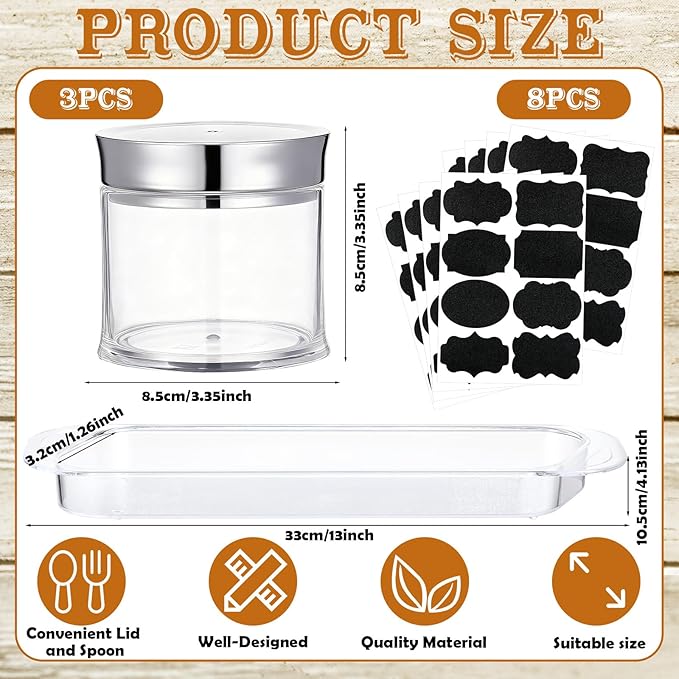 Set of 3 Acrylic Sugar Container with Lid Spoon and Tray 7oz Clear Condiment Coffee Jars Container with Labels Seasoning Salt Box Set for Kitchen Storage Coffee Bar
