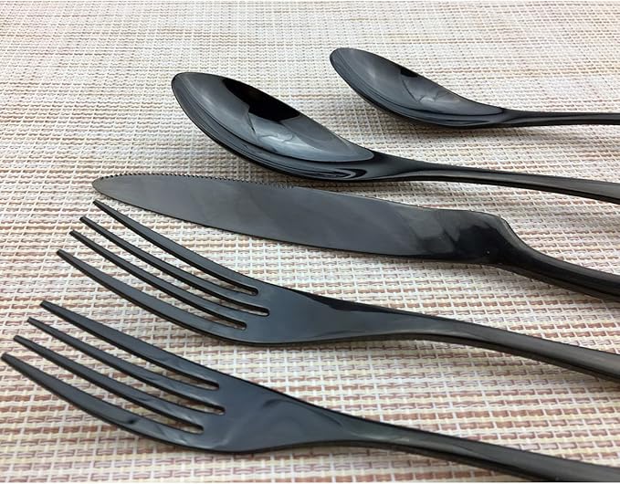 Mirror Polishing Black 18/10 Stainless Steel, 7-Piece Flatware Silverware cutlery utensils Set knife steak knife dinner fork soup spoon dessert spoon salad fork teaspoon