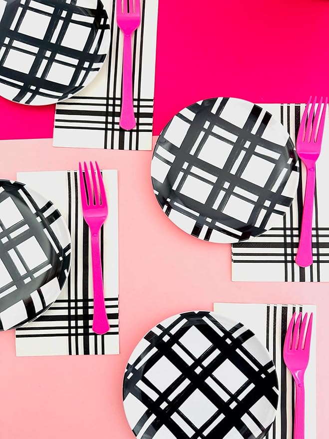 Sprinkles & Confetti Melamine Plate Set 6" Appetizer Plates, Reusable Outdoor Dinnerware for Entertaining, Patio & Picnic | Modern Black Plaid Design, Durable & Stylish Dish Set (Set of 4)