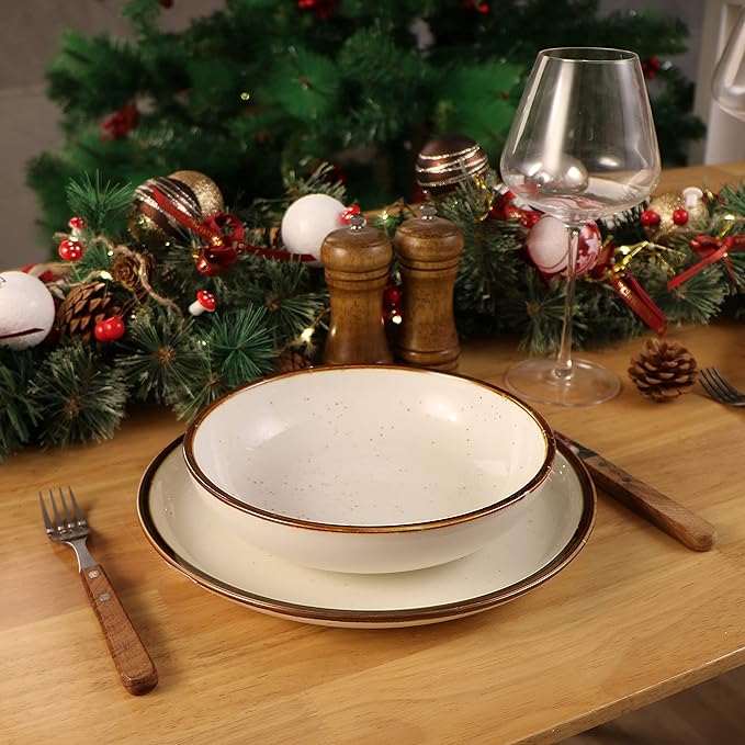 ONEMORE 10.5 Inch Ceramic Dinner Plate - Large Stoneware Dish Set of 6, Dessert Salad Plates, Microwave, Dishwasher and Oven Safe, Easy to Clean, Rustic and Speckled Style Dinnerware, Creamy White
