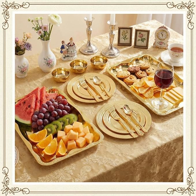 4 Pack Gold Serving Trays Set for Party, Butterfly Floral Gold Platter Engraved Mirror Tray, 15.8 x 11.6 Inches Elegant Metal Plate for Christmas Food Appetizer Cookies Desserts