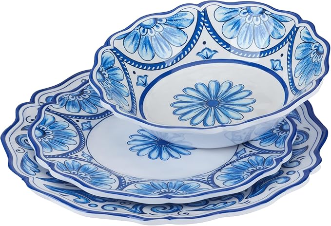 Veranda Melamine 12-Piece Dinnerware Set, Service for 4 – Includes Dinner Plates, Salad Plates, and Bowls – Elegant Blue and White for Everyday Use, Indoor/Outdoor Dining, and Entertaining