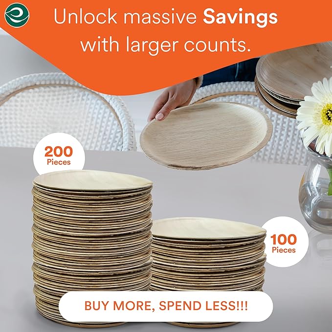 ECO SOUL Palm Leaf Disposable Bamboo Plates 10" Round Compostable & Biodegradable Party Plates for Christmas Dinner, Weddings, Parties & Events 50 Count