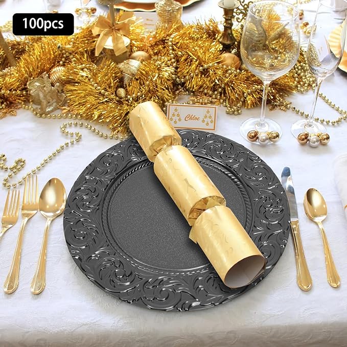 Black Plastic Charger Plates Set of 100, 13” Reusable Party Chargers for Dinner Plates, Elegant Round Service Plate Chargers Bulk Decorative for Wedding, Catering Table Decor