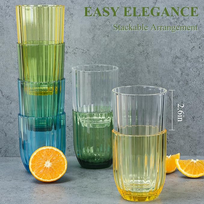 AKMQYM Acrylic Clear Highball Plastic Cups | Plastic Reusable Tumblers 15oz & 20oz (Set of 8) | Stackable | BPA-free Tumblers | Shatterproof | Top-rack Dishwasher Safe