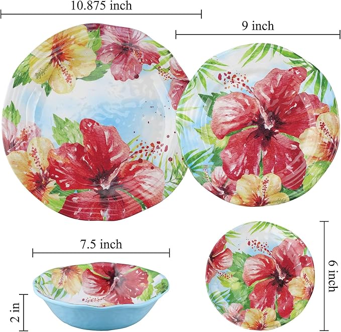 UP UPware Hibiscus Melamine Round Dessert Plates, Small Serving Plates, for Appetizer, Snacks, and Side Dishes, Multicolor, 6 Inch, Set of 4
