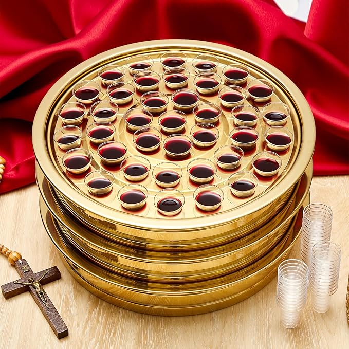 Zhehao 4 Pcs Easter Communion Trays for Churches Set Church Supplies Plates for Church with Disposable Cups (Gold)