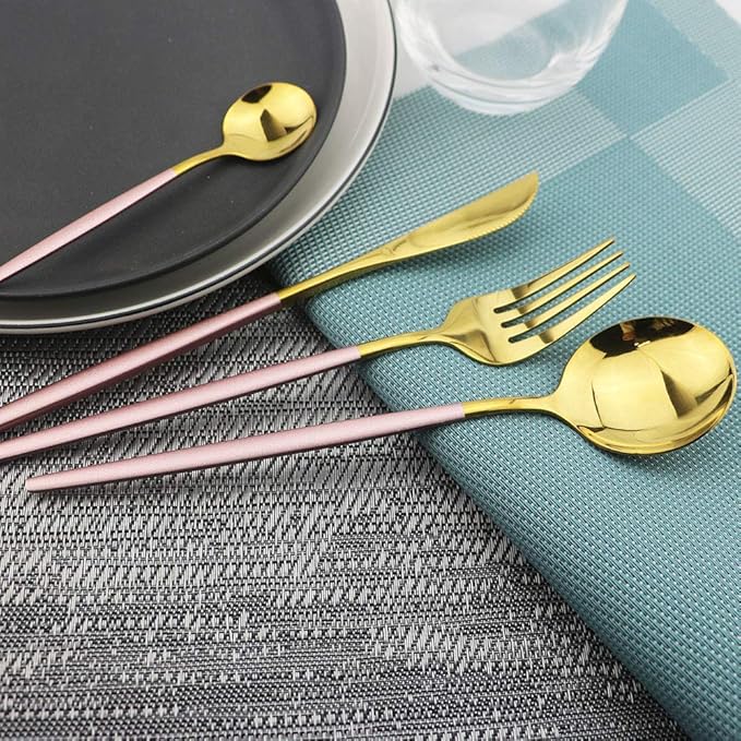 JASHII 24 Piece Titanium Pink And Golden Plated Stainless Steel Flatware Set, Pink Handle With Golden Mouth Silverware Set Pink And Gold Cutlery Set Service for 6 (Pink Handle,Shiny Golden)