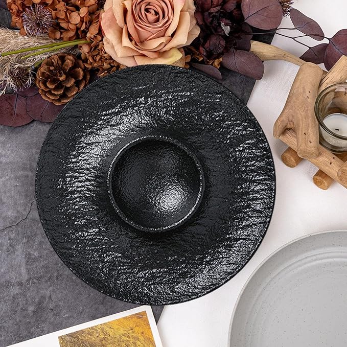 Ceramic Divided Snack Plate with Dipping Saucer, Serving Platter for Dumplings, Fried Chicken, Appetizers, Tacos- Black