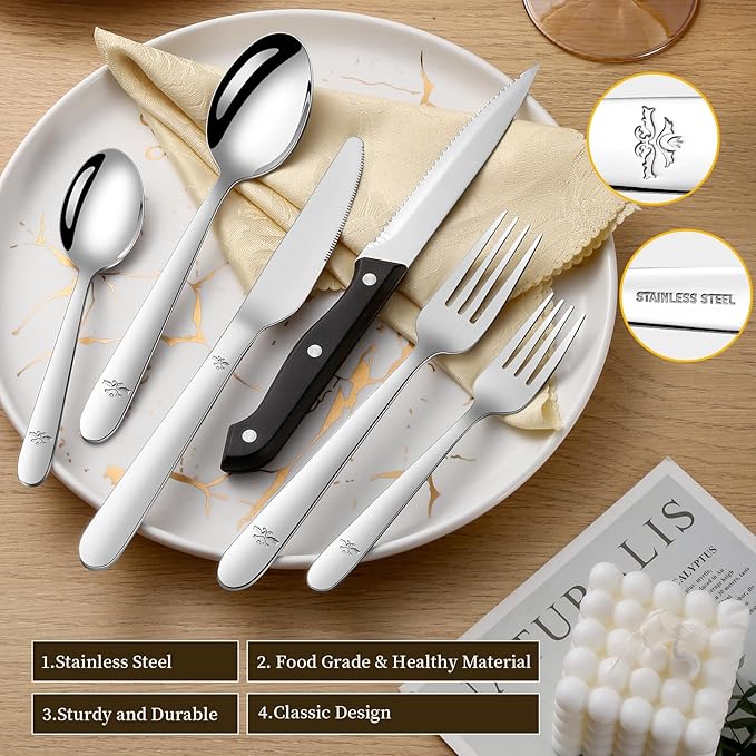 58-Piece Silverware Set Service for 10 - Stainless Steel Flatware Cutlery Set - Knives Forks and Spoons Utensil Sets for Home Kitchen Restaurant Hotel, Mirror Polished, Dishwasher Safe