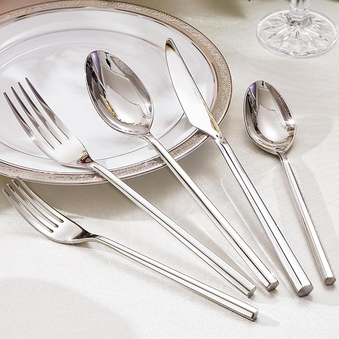 KINGSTONE 40-Piece Silverware Set, 18/10 Stainless Steel Flatware Cutlery Set with Hexagon Handle, for Hotel, Home, Party, Wedding Gift, Mirror Polish and Dishwasher Safe