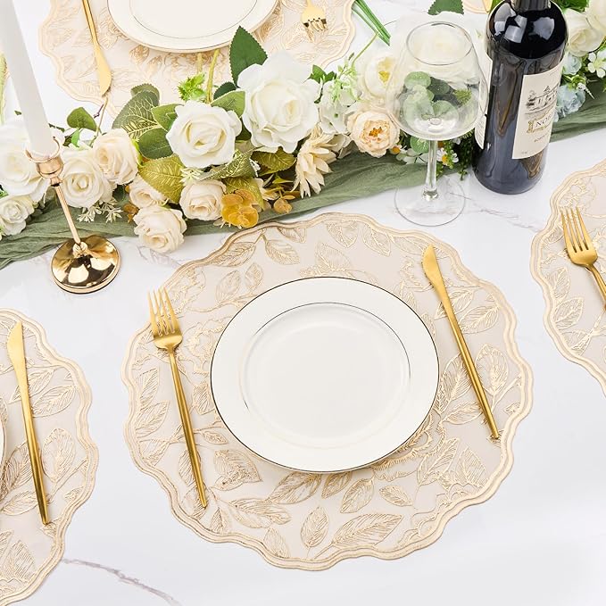 Round Placemats Gold Rose Table Mats Set of 6 Vinyl Heat Resistant Mat Washable Non-Slip 15'' for Kitchen and Dining Holiday Wedding Accent Centerpiece