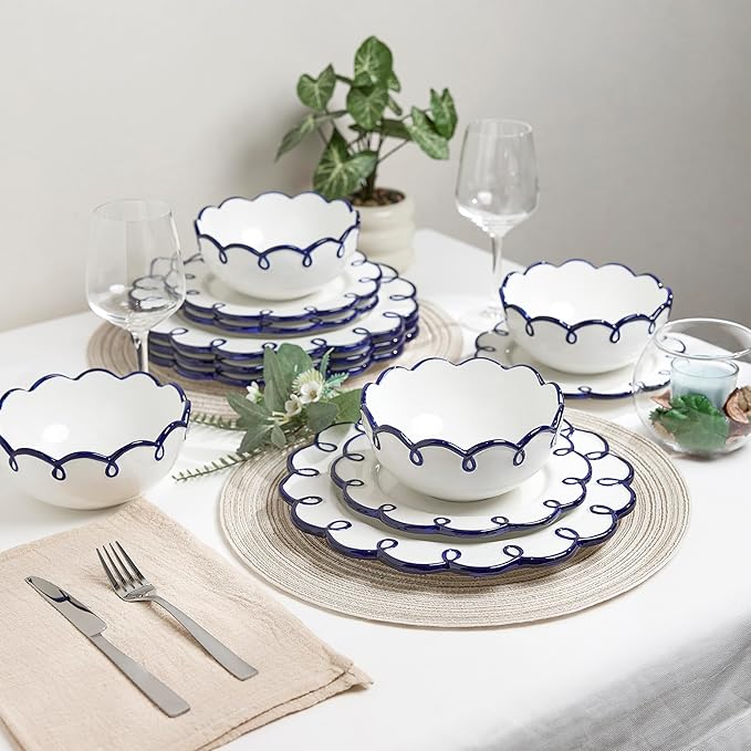 Sango 12-Piece Earthenware Dinnerware Set for 4, Glossy White Plates and Bowls Sets with Navy Scalloped Rims, Premium Dish Set, Holiday Dishes for Gifting & Hosting Christmas Party, Splash of Cheers
