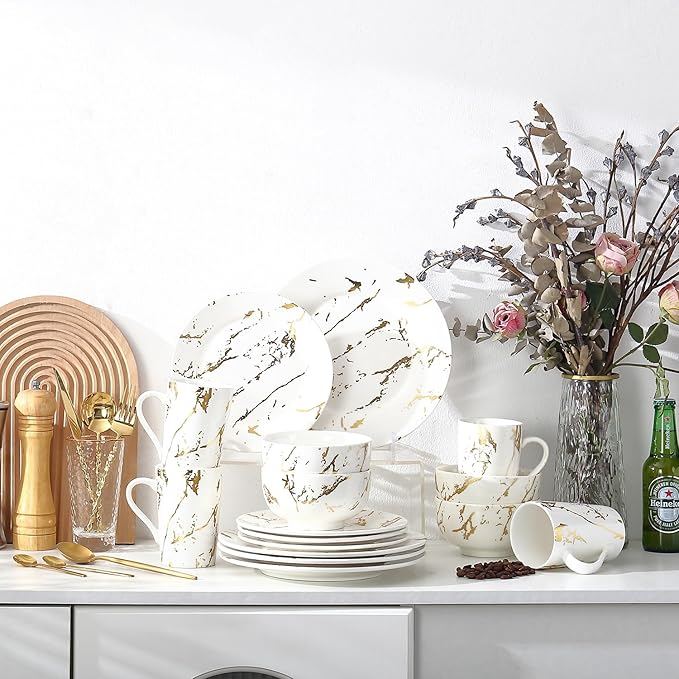 Modern Porcelain 16 Piece White Dinnerware Set,Plates and Bowls Sets,Gold Dish Set for 4,White Dinnerware Set,Dinner Sets with Dinner Plates.