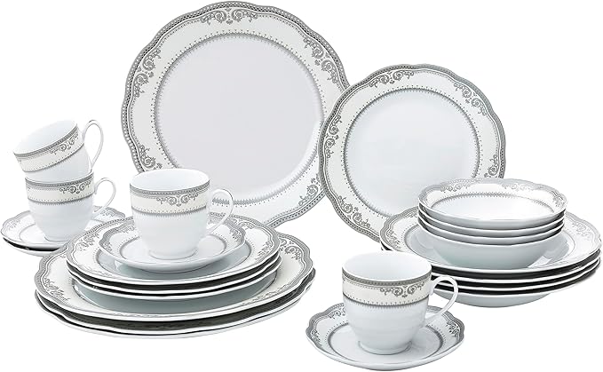 Lorren Home Trends Victoria-24 24 Piece Victoria Design Porcelain Wavy Edge Dinnerware Set, White