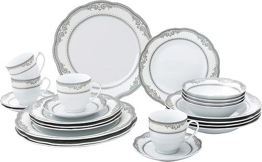 Lorren Home Trends Victoria-24 24 Piece Victoria Design Porcelain Wavy Edge Dinnerware Set, White
