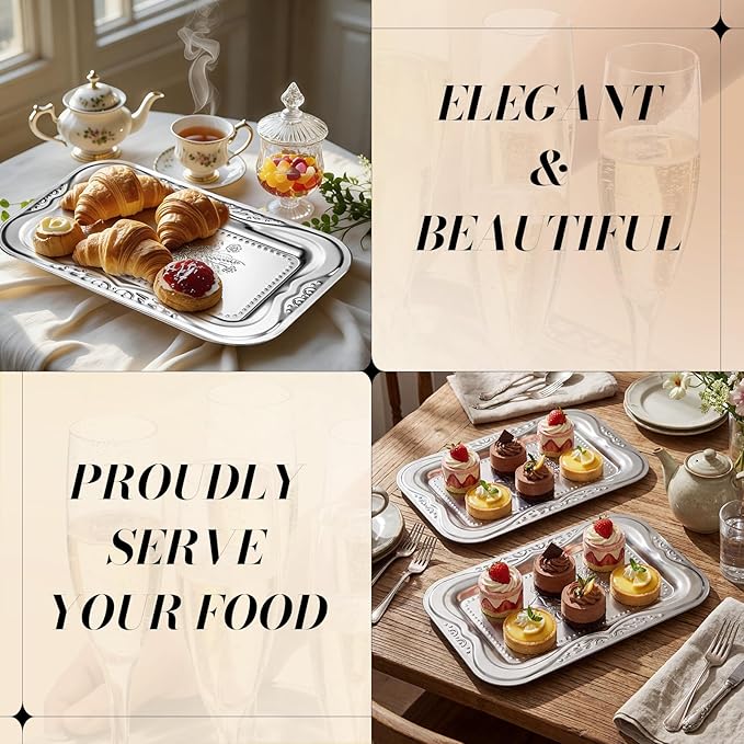 LemonRoad 6 Pack Silver Serving Trays 13.8 x 8.7 Inch Stainless Steel Dinner Trays Engraved Mirror Decorative Tray Silver Platters for Whiskey Charcuterie Snacks Desserts Fruits