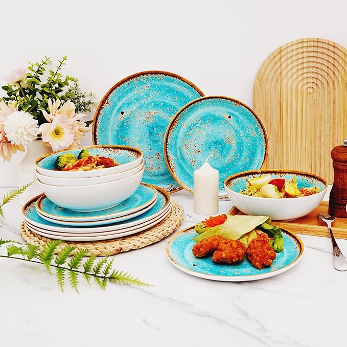 TP 12-Piece Dinnerware Set, Melamine Dishes Set with Bowls and Plates, Non-breakable and Lightweight Dinner Service for 4, Turquoise Swirl