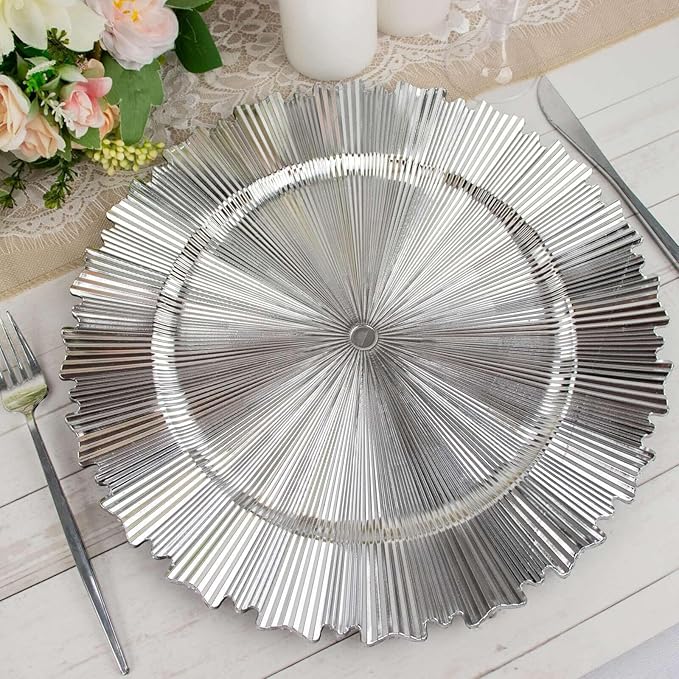 13" Charger Plates - Set of 24 - Metallic Silver with Sunray Scalloped Rim Plastic Chargers, Disposable Round Acrylic Serving Trays For Dinner Wedding Party Events
