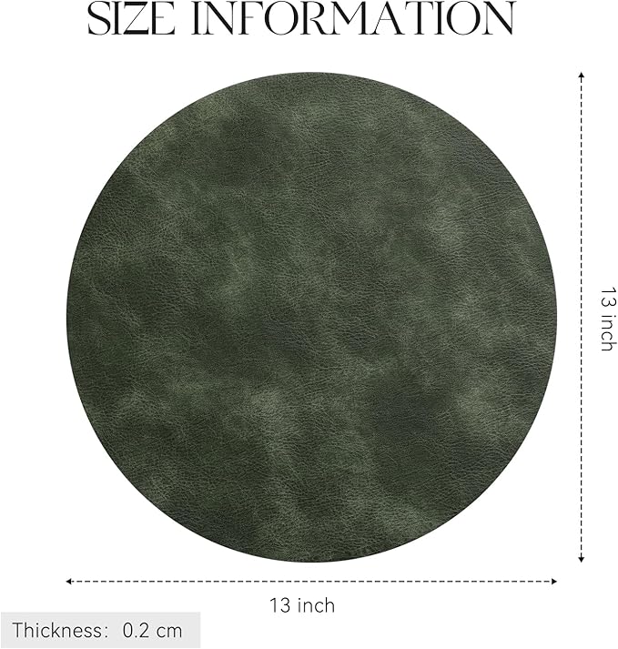 MOSAYT 13 Inch Round Vinyl Placemats Set of 6 - Faux Leather 100% Waterproof Oil-Proof Wipeable PU Place Mats, Heat Resistant Reversible Table Mats for Kitchen, Dining, Outdoor (Olive Green)