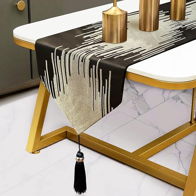 Black Table Runner 72 Inches Long Handmade Embroidery Modern Abstract Striped Pattern with Ring Stylish Tassels for Home Living Room Bedroom Dinner Room Kitchen Art Decor Thanksgiving