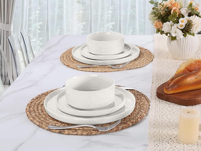 LIANYU 6 Piece Stoneware Dinnerware Sets for 2, Kitchen Plates and Bowls Dishes Sets, Speckled Dinner Ware Dishware, Chip and Scratch Resistant, Microwave & Dishwasher Safe, Polar White