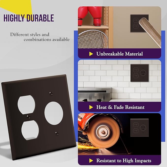 ENERLITES Combination Duplex Outlet/Single Receptacle 1.406" Hole Wall Plate Cover, Standard Size 2-Gang 4.50" x 4.57", Polycarbonate Thermoplastic, UL Listed, 882151-BR, Brown