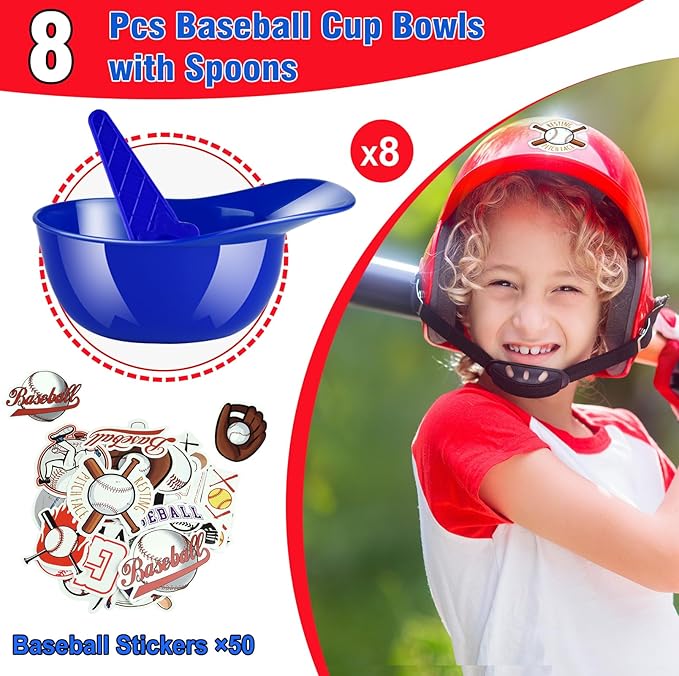 MEEZY 16 Set Baseball Helmet Ice Cream Bowls with 8 Mini Dessert Cups and 8 Spoons, 8oz Reusable Baseball Cap Snack Dessert Cup Bowls Baseball Party Favors for Kids Sports Birthday Party Supplies