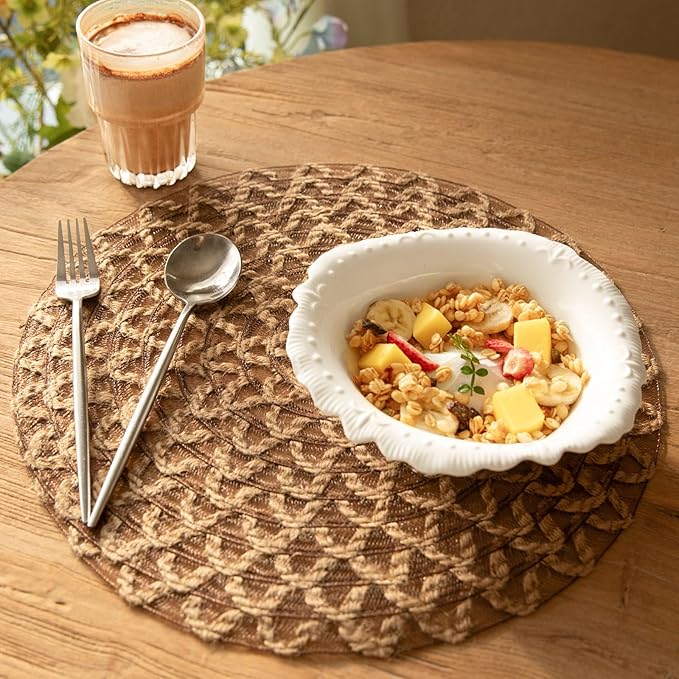 Noctiflorous Round Burlap Placemats Set of 6 Jute Rustic Place Mats for Dining Table Heat Resistant Natural Farmhouse Table Mats Decor (Jute Mesh, 6)