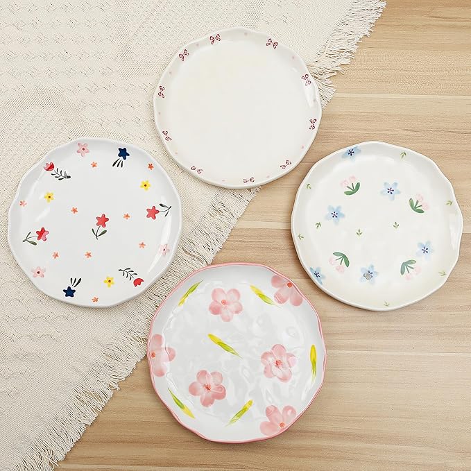 Koythin Floral Ceramic Dinner Plates, 8" Microwave Safe Dishes for Pasta, Modern Rustic Appetizer Plate for Salad Fruits Dessert Cake (Blue Flowers)