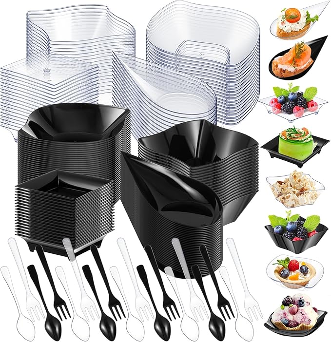 Tessco for you 200 Pcs Mini Appetizer Plates with Spoons Forks Disposable Mini Dessert Plates Plastic Appetizer Bowls Tiny Individual Serving Trays for Party (Black, Clear,Classic)