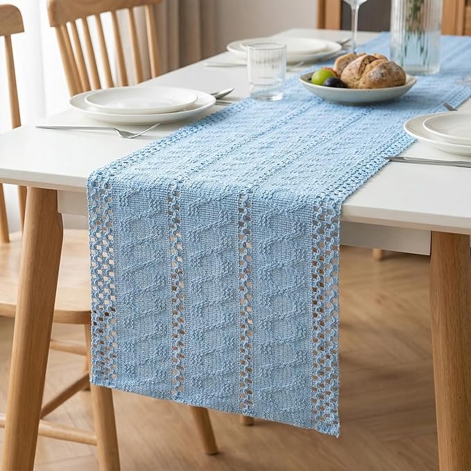 Artoid Mode Sky Blue Farmhouse Woven Rustic Hollow Table Runner, Seasonal Holiday Hollow Kitchen Dining Table Decoration for Home Party Decor 12x60 Inch