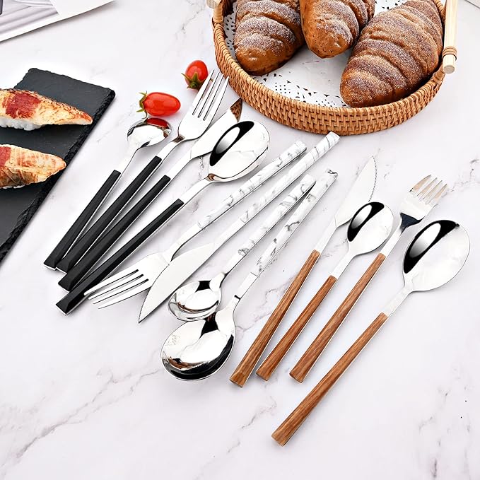 24Pcs Wooden Handle Flatware Silverware Set, Stainless Steel Cutlery Set for 6, Square Handle Eating Utensils, Mirror Polished for Home Kitchen Bar Restaurant