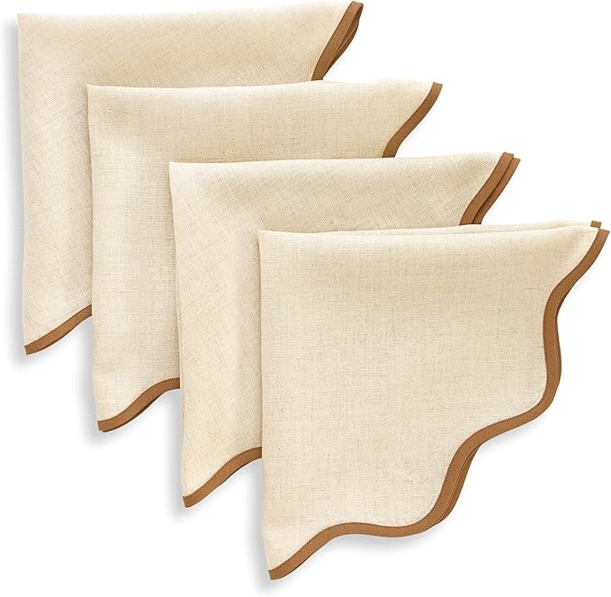 Solino Home Linen Scallop Cloth Napkins Set of 4-100% Pure Linen Brown Sugar and Natural Dinner Napkins 20 Inch for Christmas - Giselle Scallop Edge, Handcrafted and Machine Washable